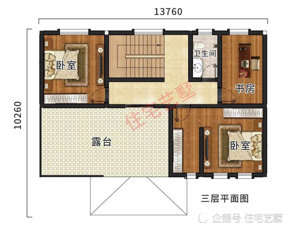 开间13米进深10米占地130平方米,设有六间卧室带超大露台