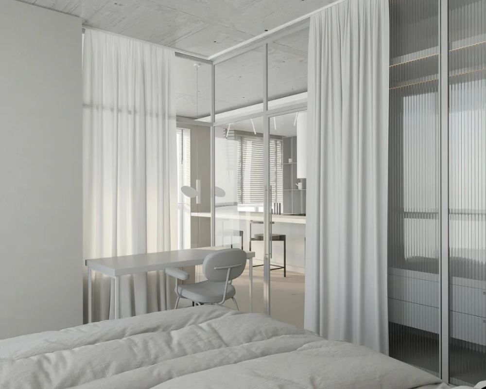 卧室的设计十分巧妙 设计师别出心裁 用玻璃隔断取代墙体 使卧室空间