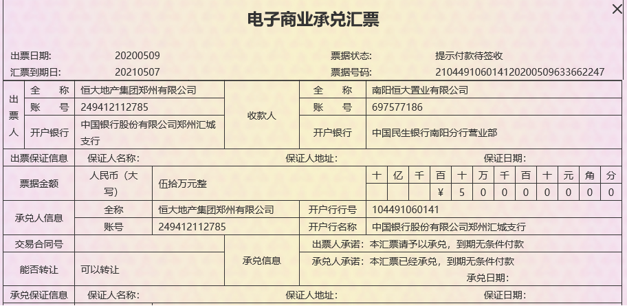 我公司因业务往来收到多张由恒大地产集团有限公司签发和承兑的商业