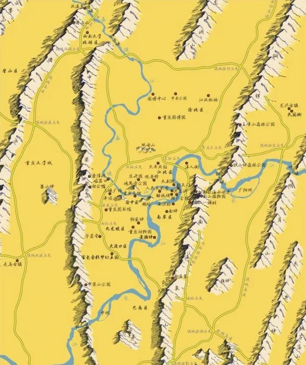 重庆的地形是四山夹两江,四条纵向山脉把重庆主城划分为3个区域,分别