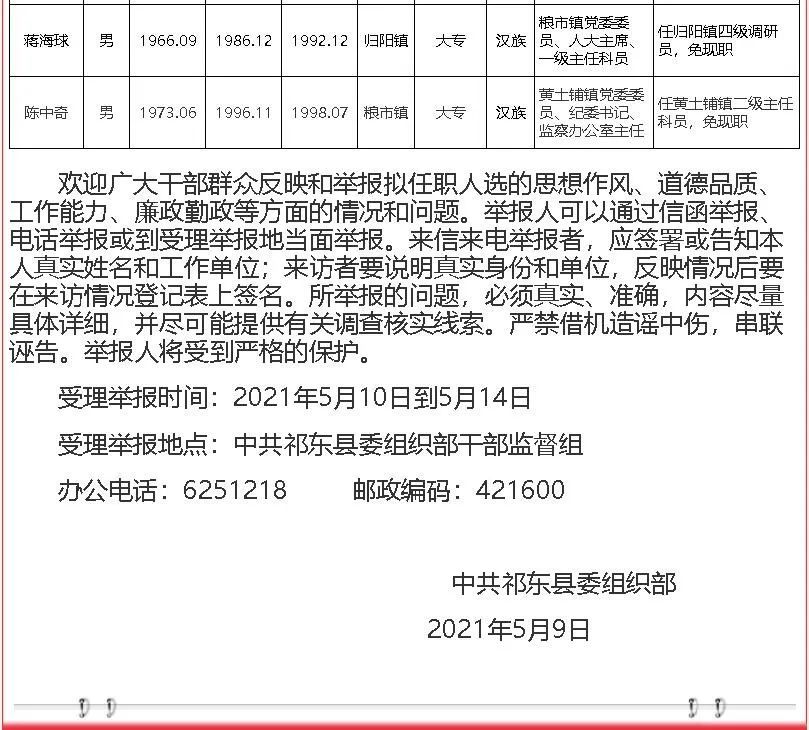 祁东县干部任前公示公告