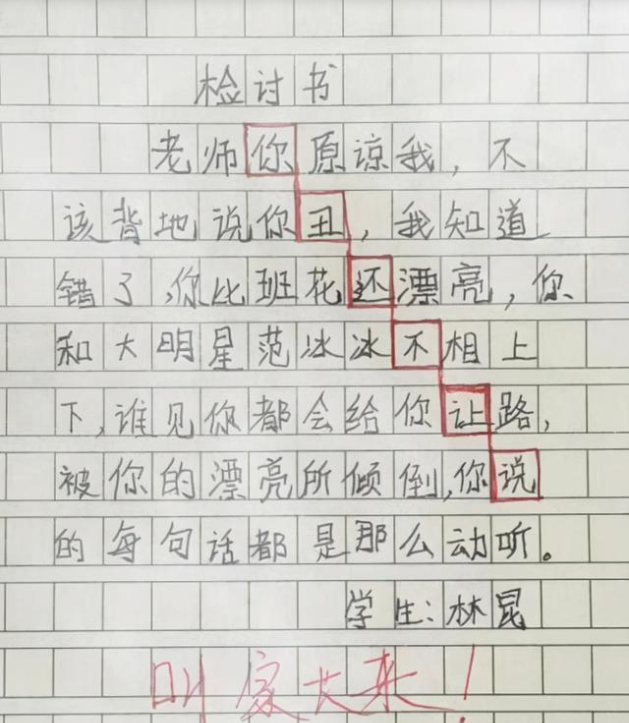 小学生"检讨书"走红,表面在反省,"藏头诗"还是被老师