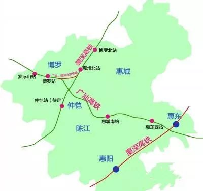 赣深高铁:博罗北站,惠州北站,仲恺站 广汕高铁:罗浮山站,博罗站,惠城