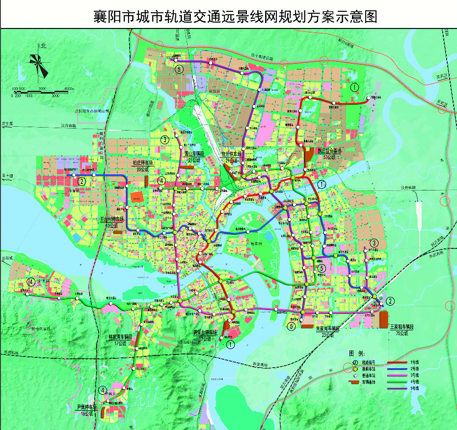 上图为襄阳城市轨道交通远景规划图,共有5条城市轨道交通线路.