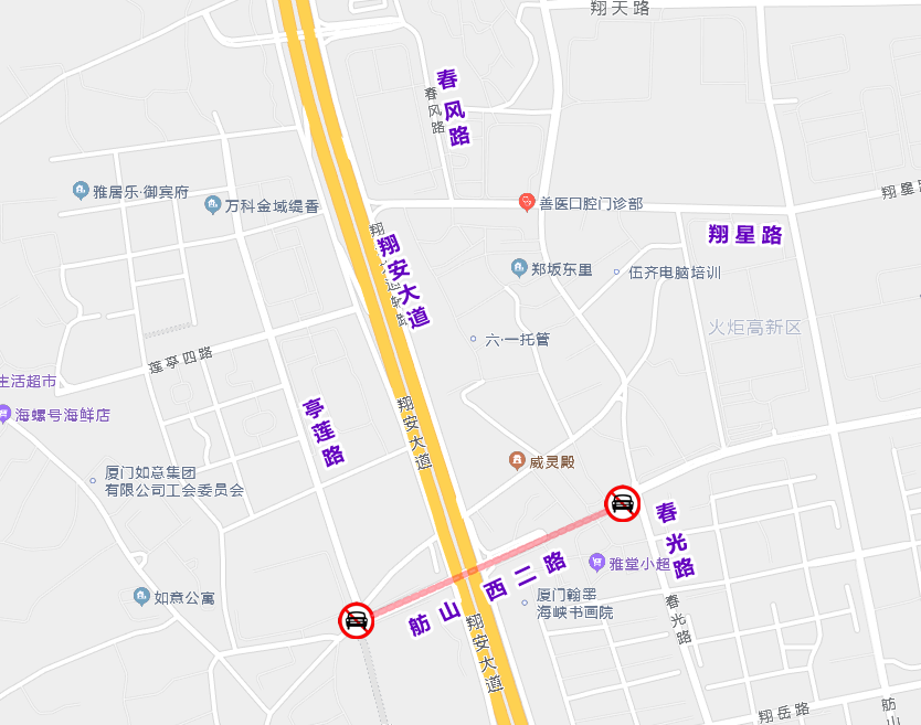 翔安区舫山西二路跨线桥(亭莲路口至春光路口段)道路封闭施工,禁止