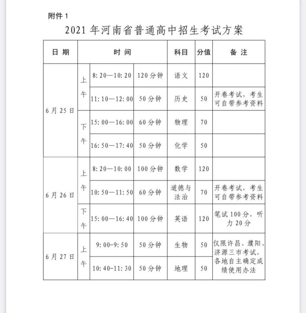 2021河南省中招政策公布!