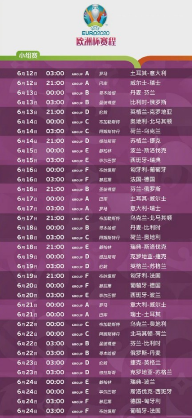 2021年欧洲杯完整赛程表直播，2021年欧洲杯今天赛程表