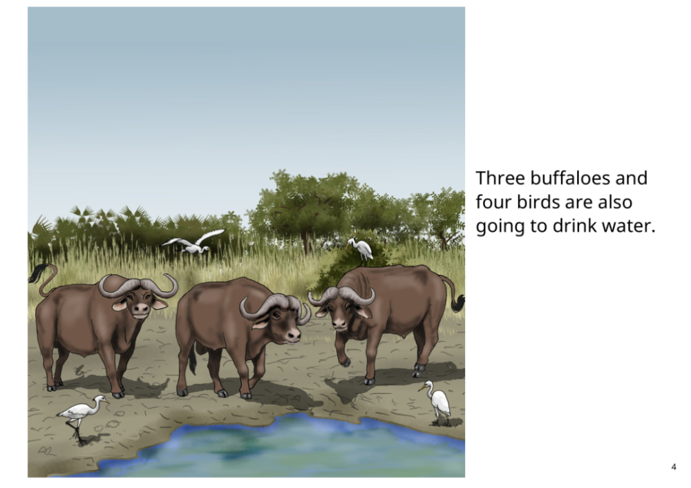 water buffaloes,bottledwater three buffaloes and four birds are also going to drink water.