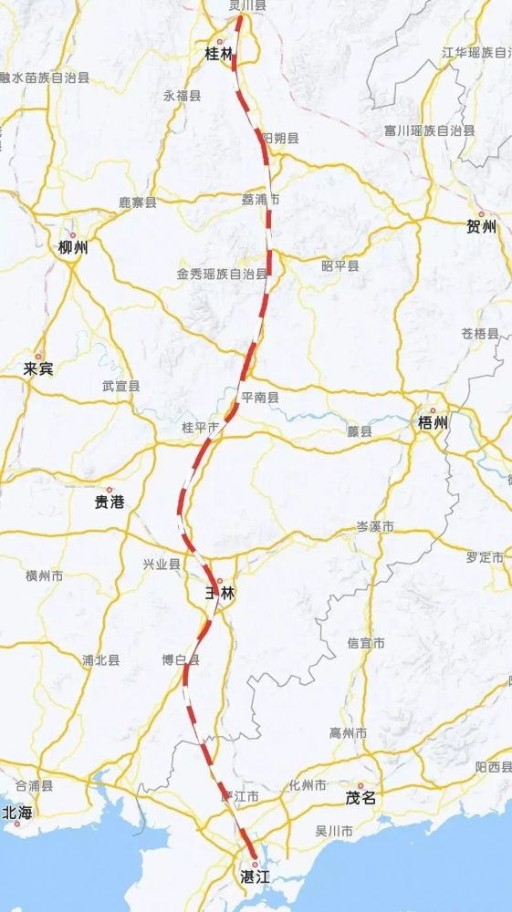 东线方案图示(网络图) 东线方案桂林至贺州段与贵广高铁共线,因为