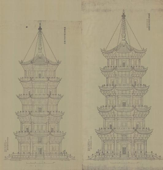 艾克和杨耀所作泉州开元寺双塔测绘图.中国营造学社纪念馆藏