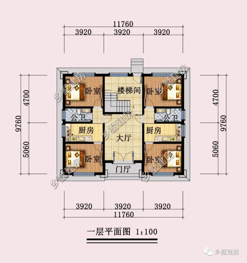 别墅内部布局图 一层是四室一厅两厨两卫的设计,如若作为民宿或出租