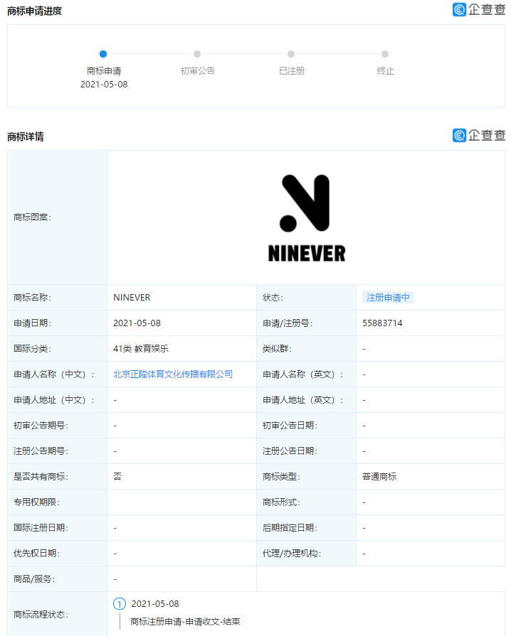 ninever商标被体育公司抢注,曾有爆料称其为《青春有你3》团名