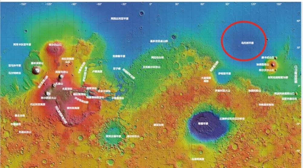 来看这张火星地形图,红圈位置就是乌托邦平原,位于火星的北部.