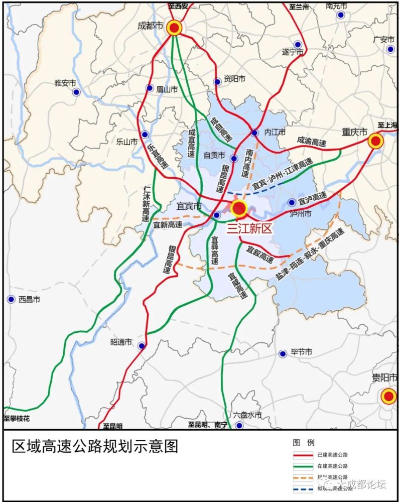 宜宾三江新区区域铁路及高速公路规划示意图