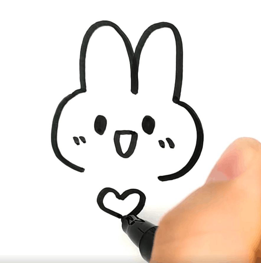 第五步,爱心两边画小兔子的手,短短的,抱住爱心.然后两笔勾勒出身体.