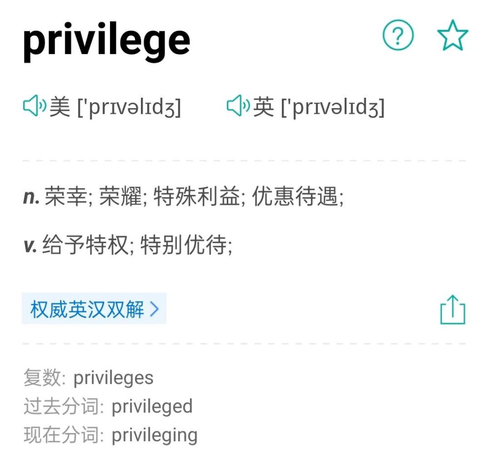 而这条微博里就出现了 privilege这个单词,它的意思是 " 优惠待遇 "