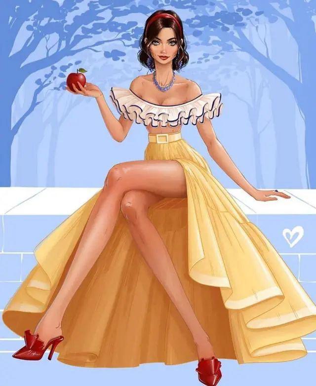 这位画师为她设计了一身现代风的连衣裙,这个一字肩的设计让人感到