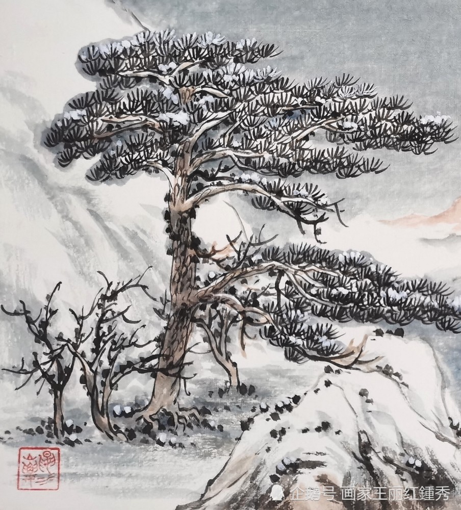 国画:雪中迎客松—王丽红画