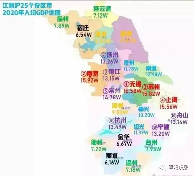 江浙沪25个城市2020年人均gdp排行榜
