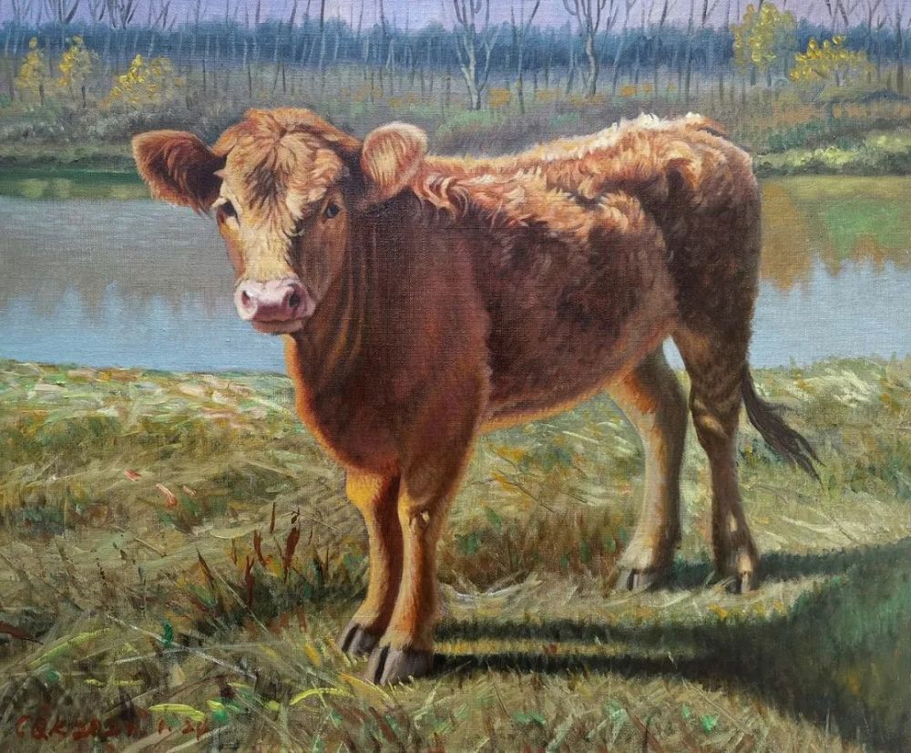 曲石镇小黄牛布面油画 50×60cm 作于2021年花奶牛布面油画 50