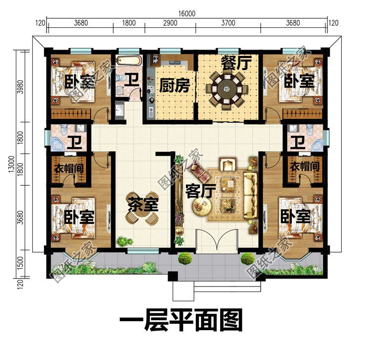户型图展示第三款:回农村盖一层养老房别墅设计图以及户型图,面宽16