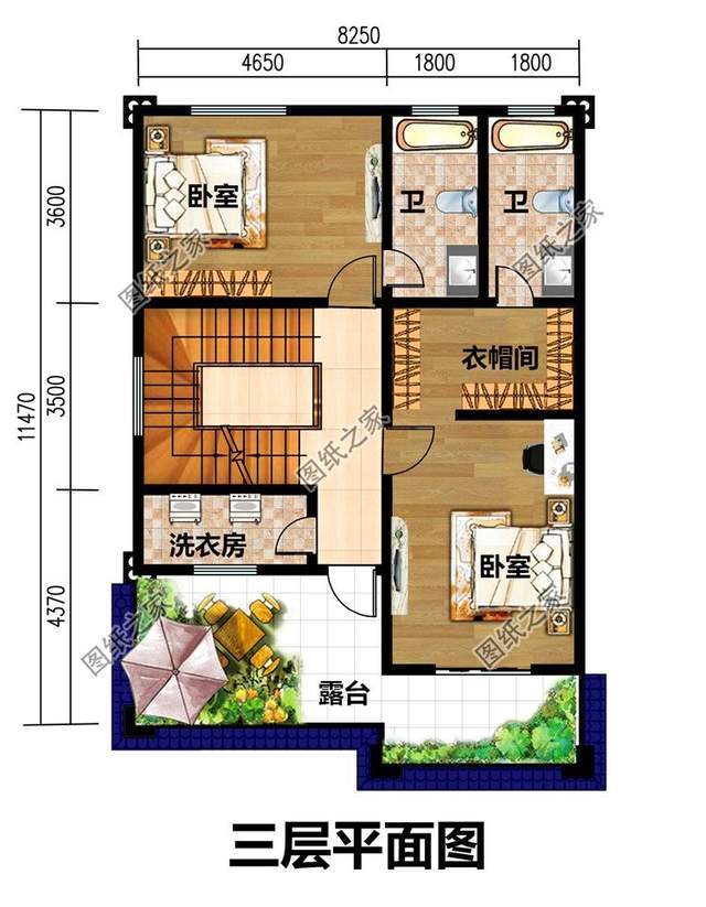 卧室(带卫生间),洗衣房,露台; 第二款:农村三层自建房设计图,小户型
