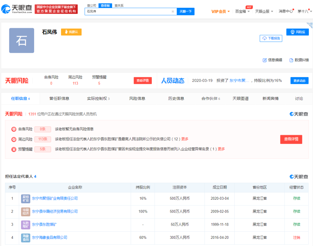 石凤伟名下关联多家公司,均担任法定代表人职务,包括东宁县华晟经济