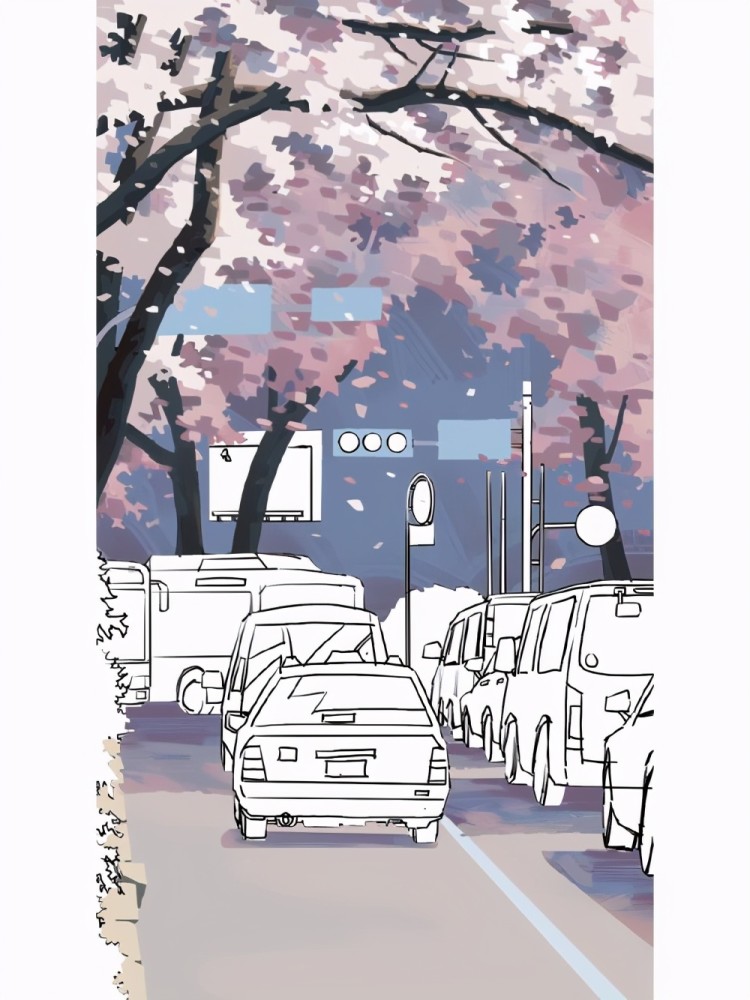 场景插画～樱花树下的十字路口
