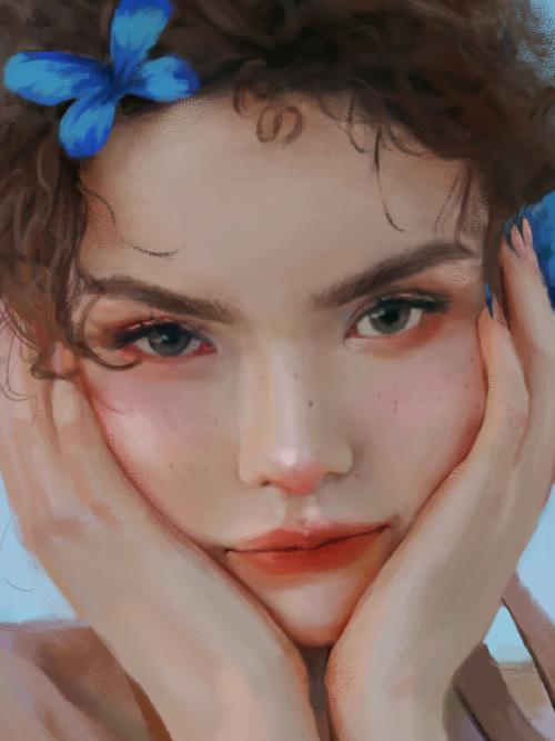 人像插画～捧着脸的可爱少女