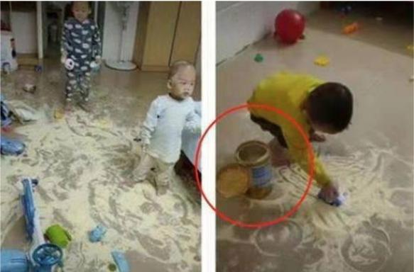 爸爸带娃走红,一脸无奈的看着熊孩子玩奶粉,妈妈 咱家是有矿吗