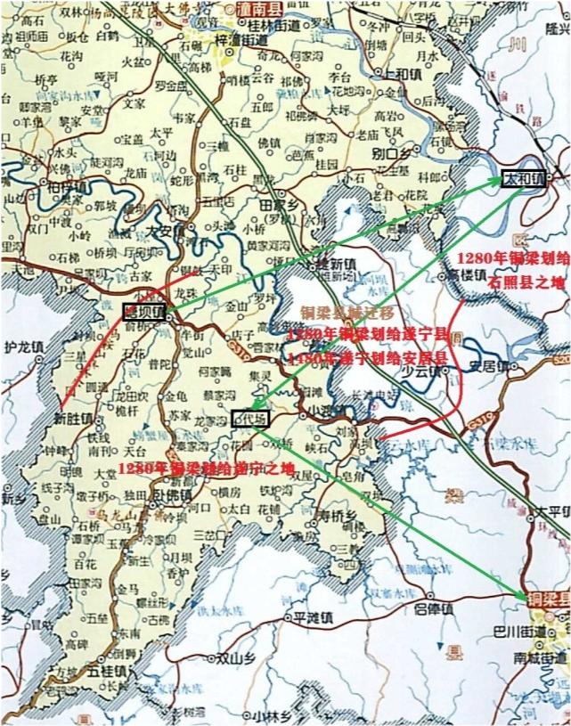 铜梁,三迁县治,合并了巴川,安居二县,才活成了张牙舞爪的形状