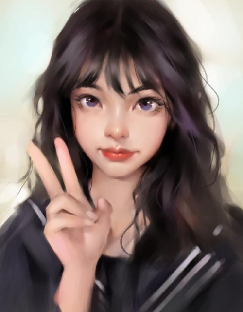 人像插画俏皮可爱的剪刀手少女