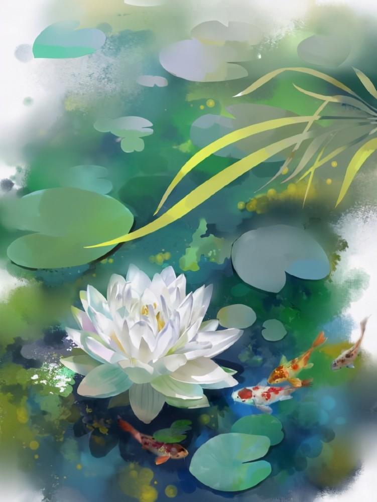 板绘水彩～夏日映荷花绘画