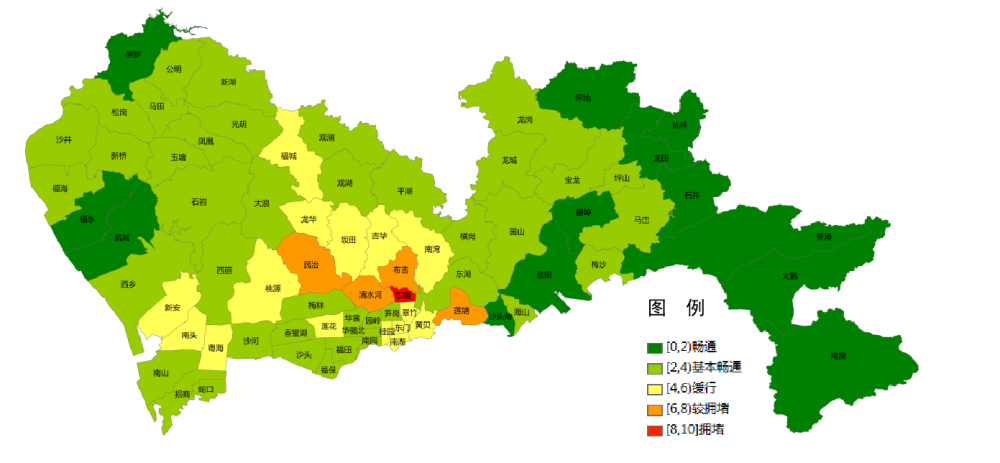 图2预计普通工作日早高峰全市主要街道交通运行状态图