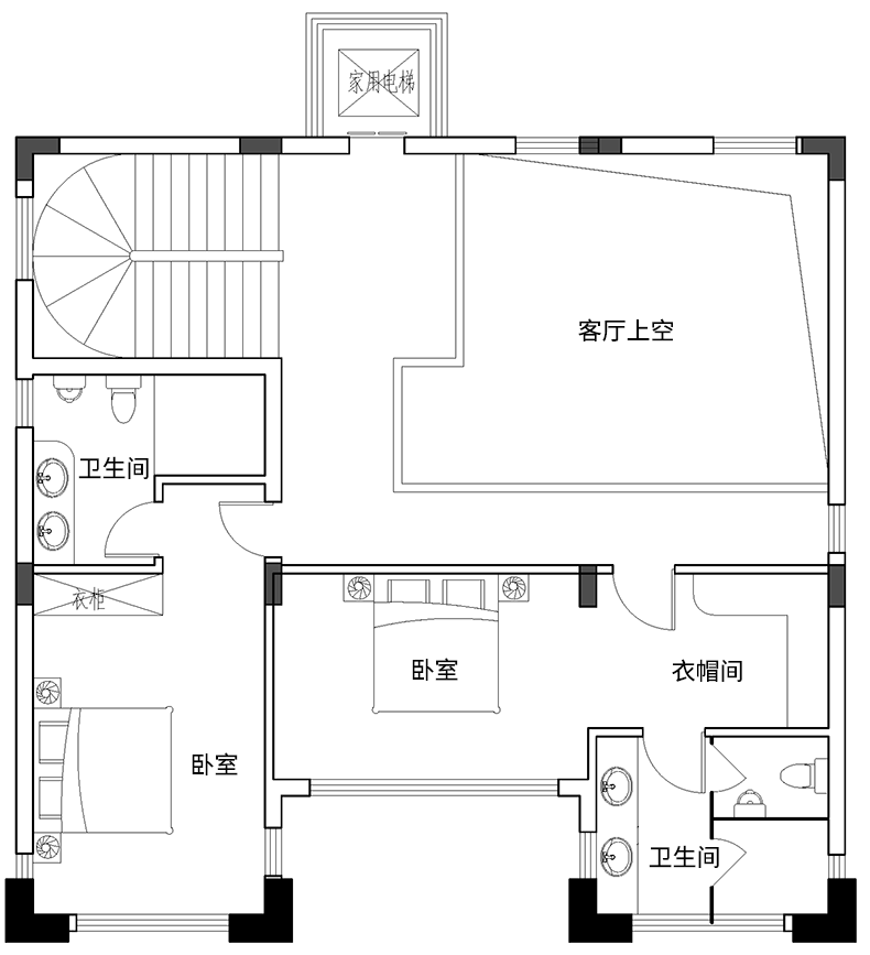 二层平面图:2卧室(带卫生间,其中一间还带衣帽间).