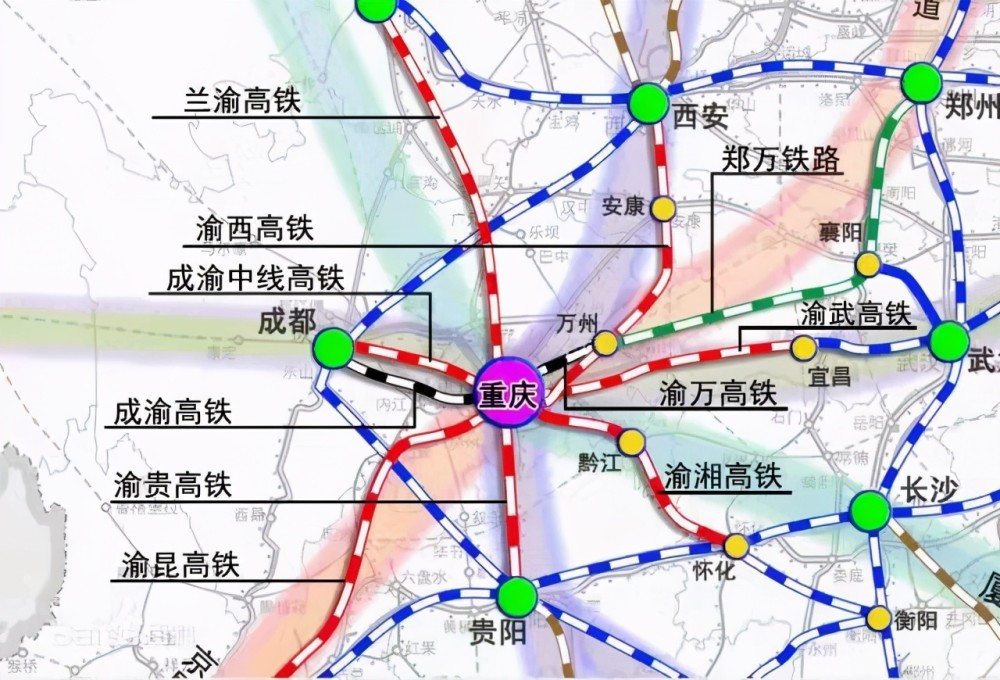 至兰州,新疆方向的通道 渝昆高铁,通向昆明方向的高铁通道 渝万高铁