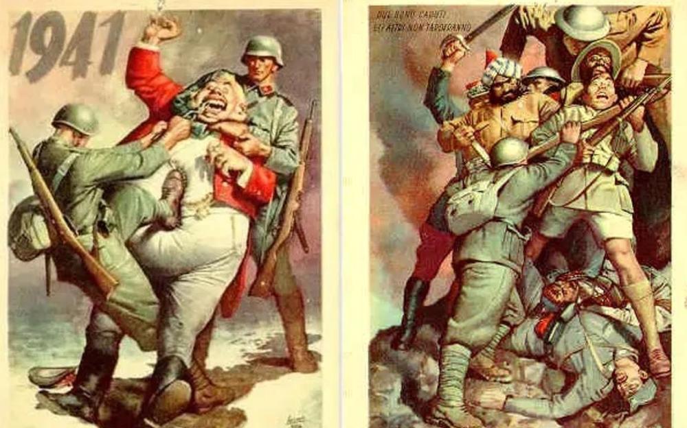 二战中的意大利征兵海报:北非脚踢英国大兵,东线拳打苏联王牌