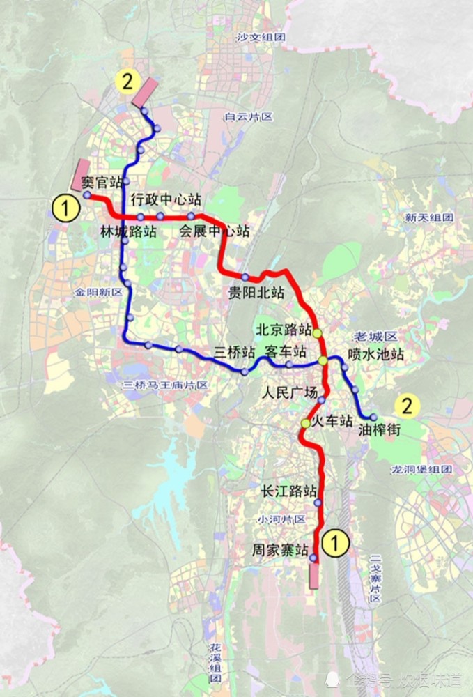 贵阳市已有2条地铁线,1号线和2号线都连接了贵阳老城区与金阳新区