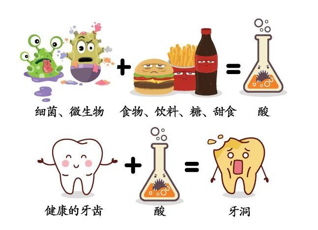 蛀牙形成的因素,必须要满足4个条件,易感的牙齿,食物,细菌,时间.