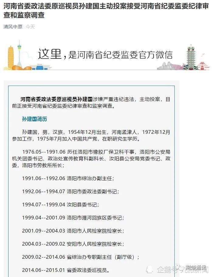 孙建国1954年12月出生,由洛阳市橡胶厂保卫科开启仕途,除在汝阳和瀍河