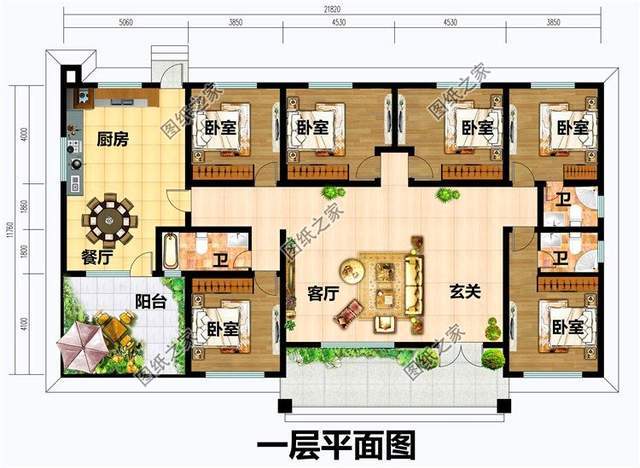 698米(含屋顶); 设计功能: 一层户型:客厅,厨房,餐厅,卧室x4,卫生间