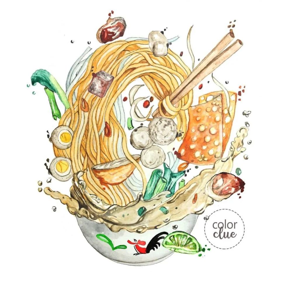 水彩|美食钢笔淡彩 想吃沙茶面了 印尼插画家colorclue handmade