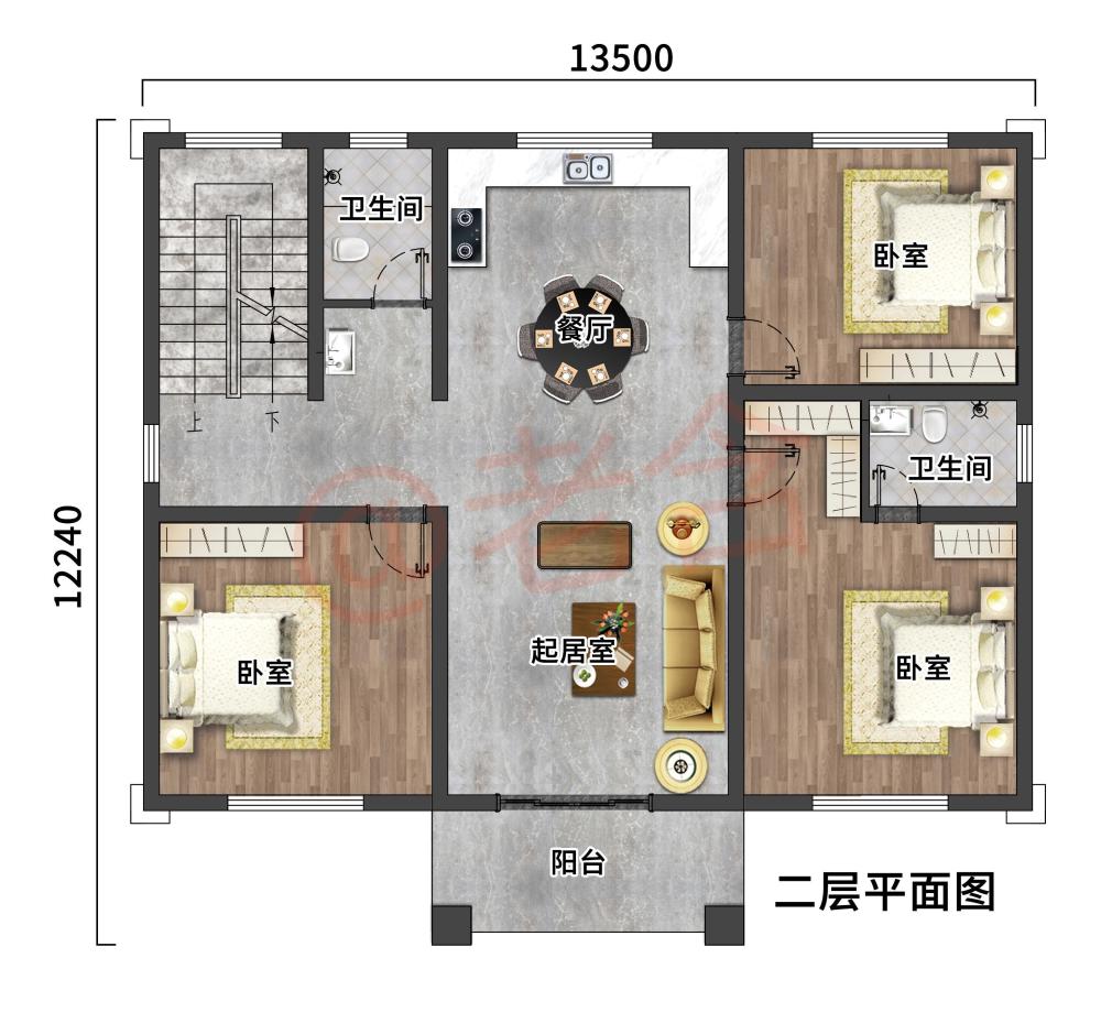 三层平面图:杂物房/卧室,卫生间,户外露台