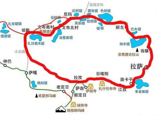 本文"阿里小北线"线路图:从拉萨出发,沿红线顺时针前行