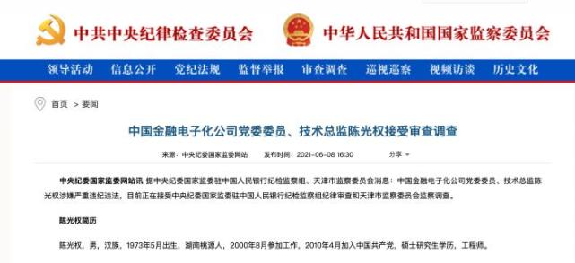 中国金融电子化公司党委委员技术总监陈光权被查