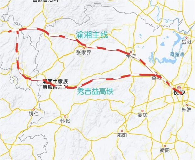 渝湘高铁的正线应该是黔张常而不是秀吉益,后者太弯了