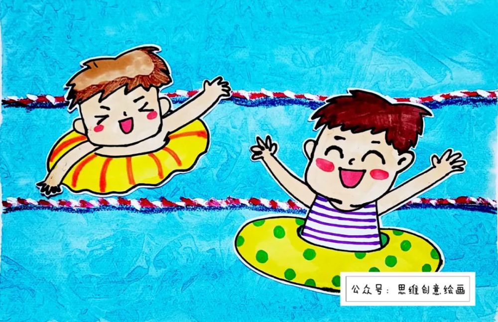 【第四步】 在素描纸上画两个游泳的小朋友, 剪下贴到背景上