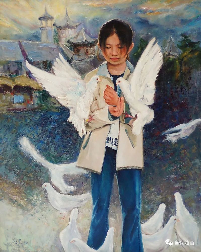 《和平鸽与小女孩》 布面油彩 100cm×80cm 2008