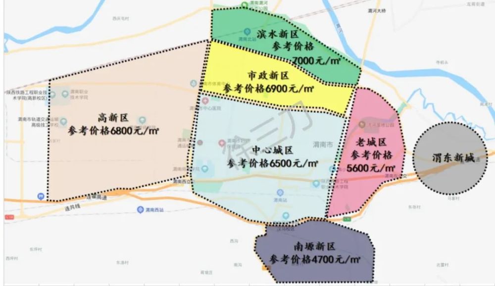 分别为高新区,中心城区,老城区,市政新区,滨水新区,南塬新区,渭东新城