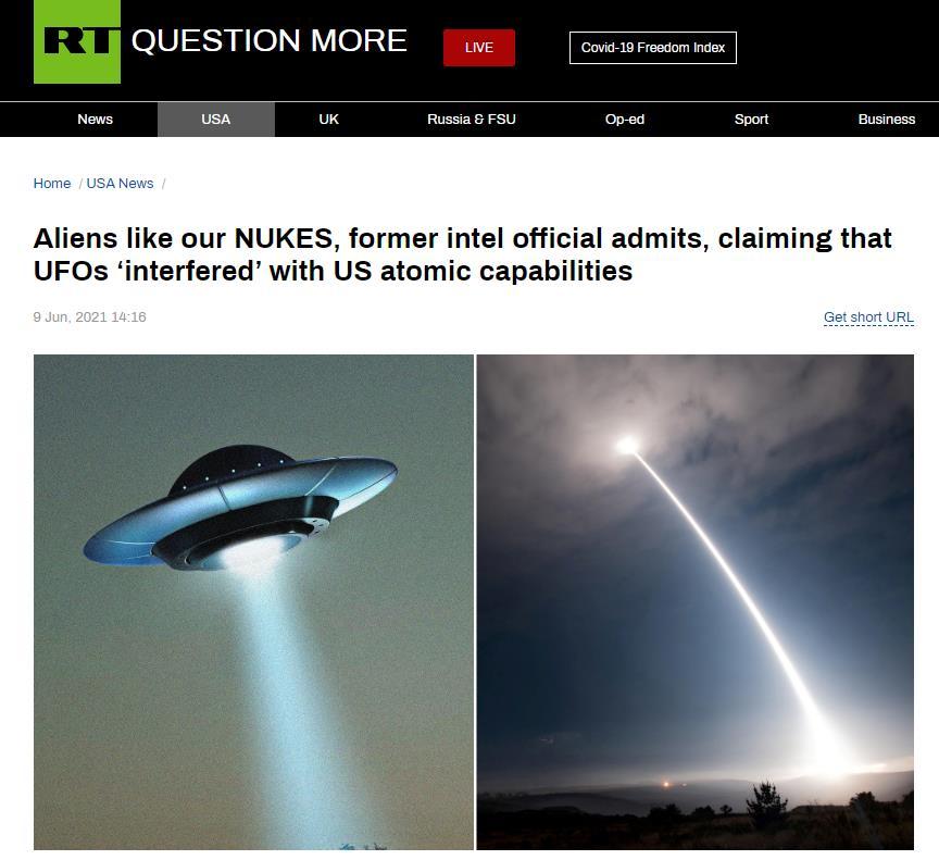 "外星人喜欢我们的核武器" 美前官员宣称ufo曾"干扰"美国核能力